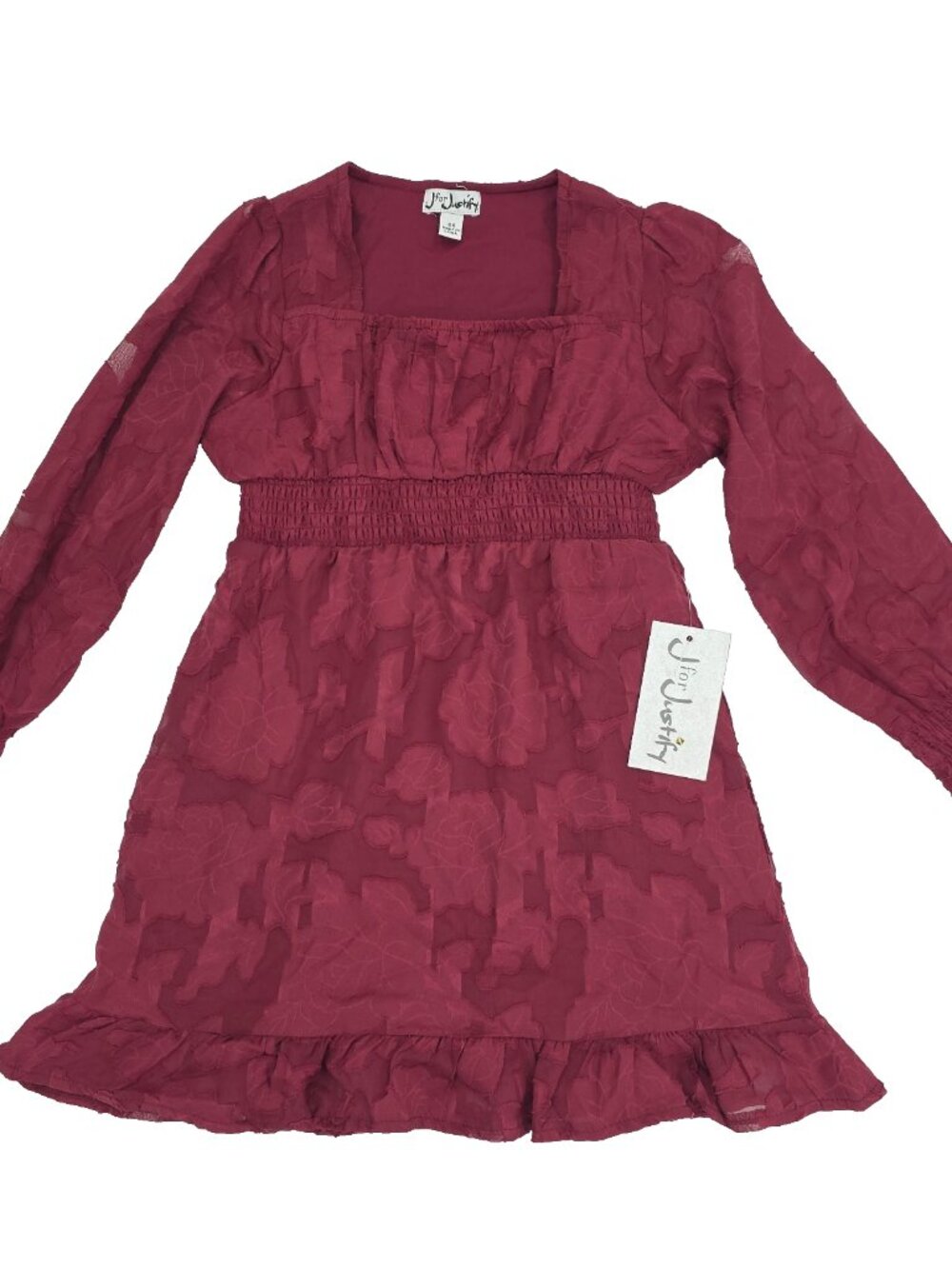 J for Justify Dress Girls 6/6X Burgundy Red Burnout Chiffon Overlay Long Sleeve